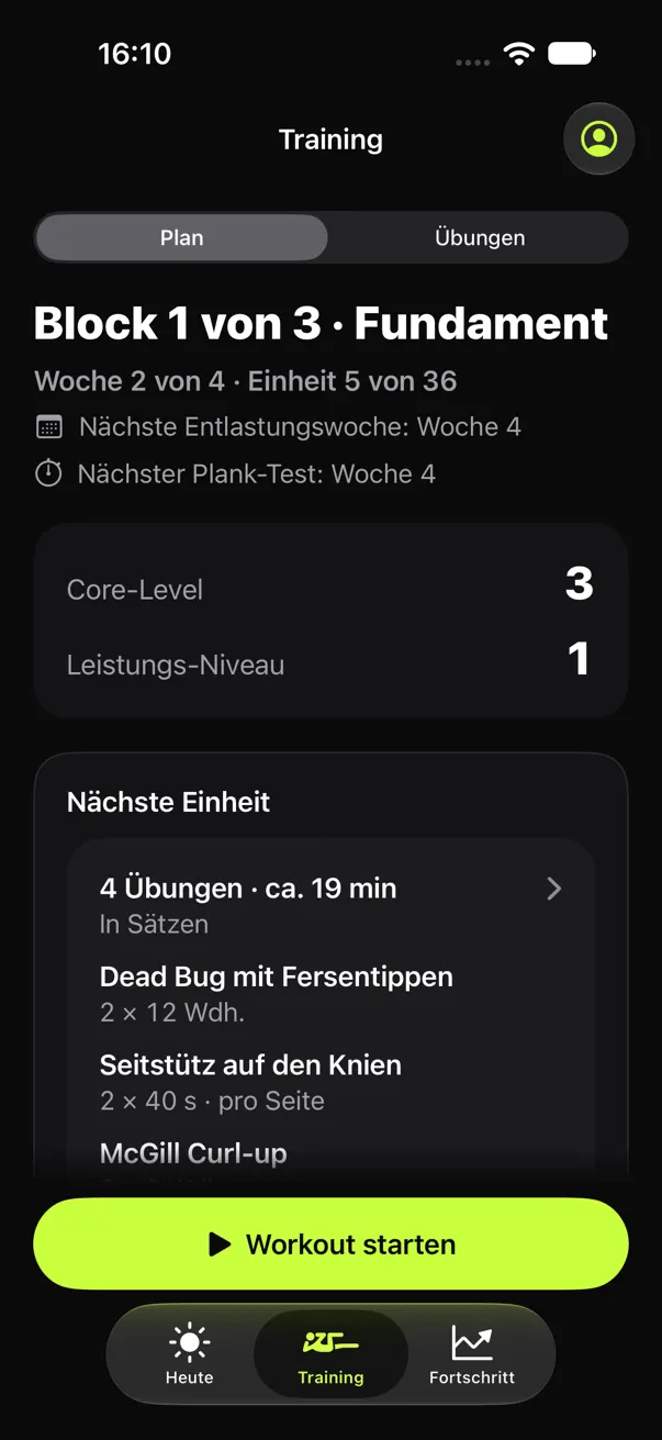 Training-Tab von AbPeak: Block 1 von 3, Fundament, Woche 2 von 4, nächste Einheit