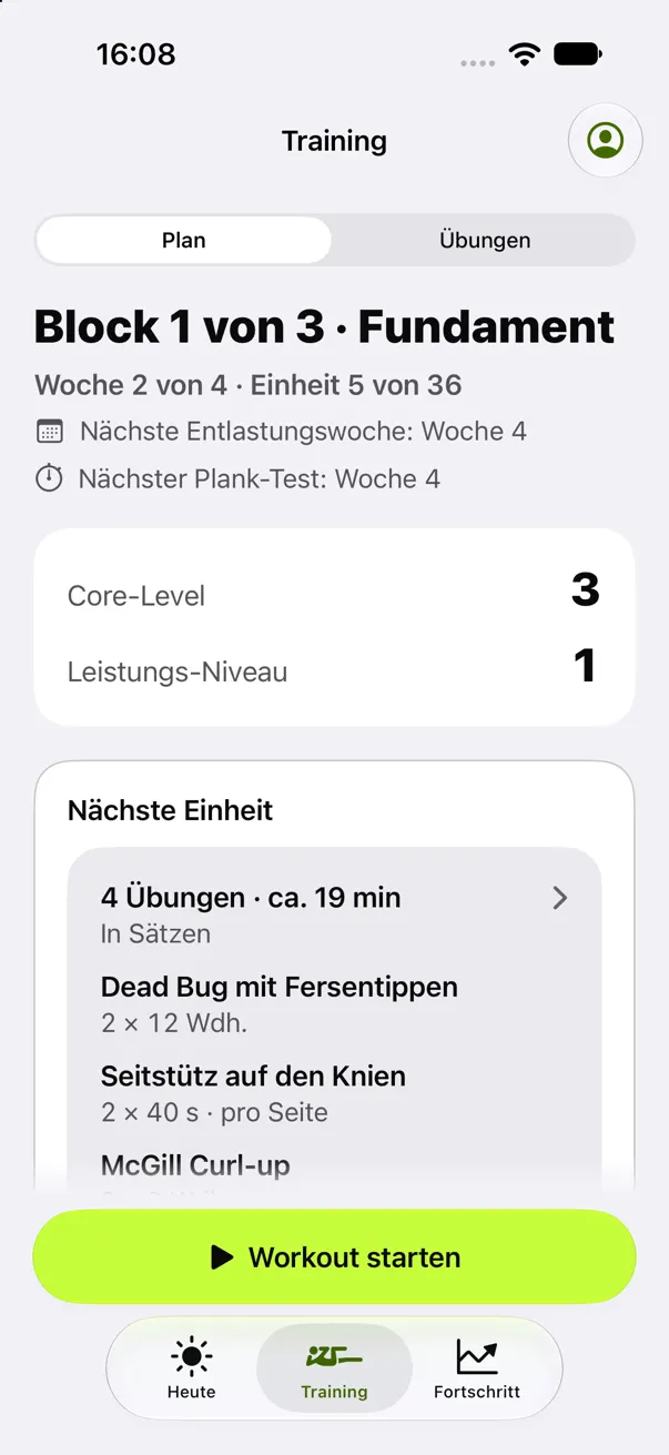 Training-Tab von AbPeak: Block 1 von 3, Fundament, Woche 2 von 4, nächste Einheit